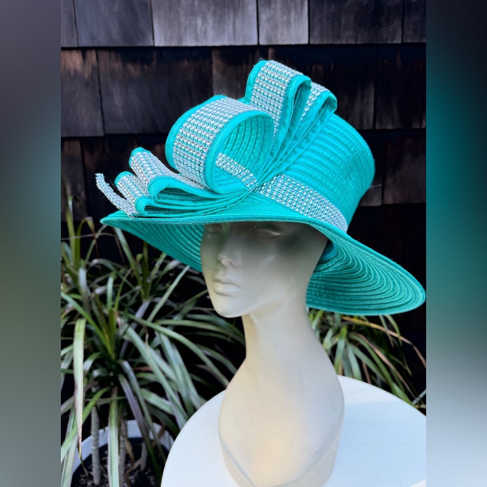 Vintage church derby hat teal green brim & bow with rhinestones Sz 22” 7 G.M.I.